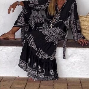 NWT Boho Maxi Dress | Black & White Print | Resort Vacation Festival Size L